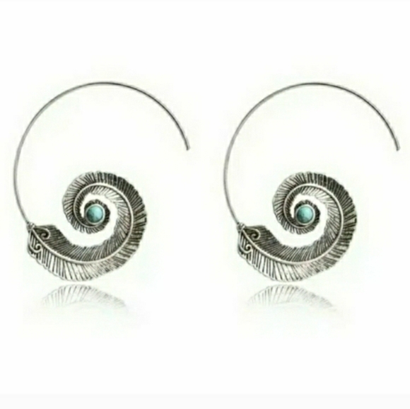 Jewelry - Boho Hoop Earrings Silver Turquoise Feather Spiral Southwestern  NWT
